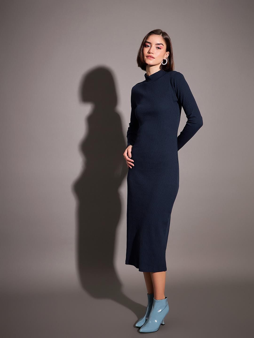 SASSAFRAS Navy Blue High Neck Long Sleeves Bodycon Midi Dress