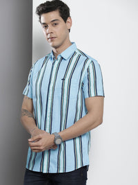 The Indian Garage Co Men Blue & White Striped Cotton Casual Shirt