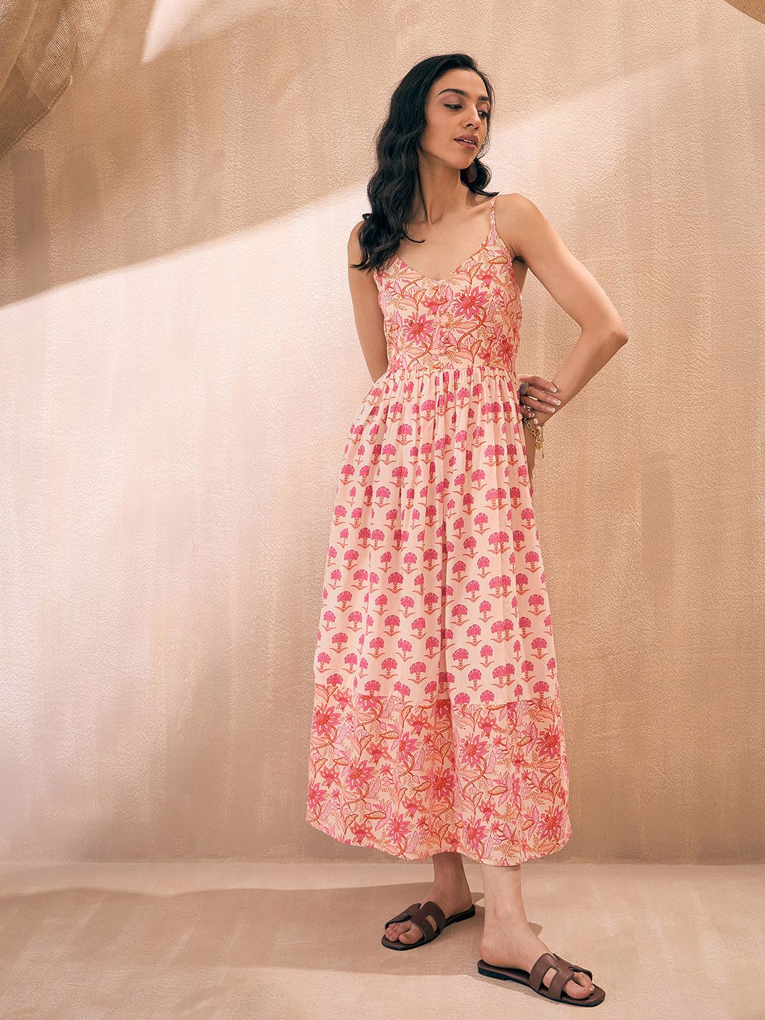 Pink Paprika by SASSAFRAS Shoulder Straps Sleeveless Floral Print Fit and Flare Dress