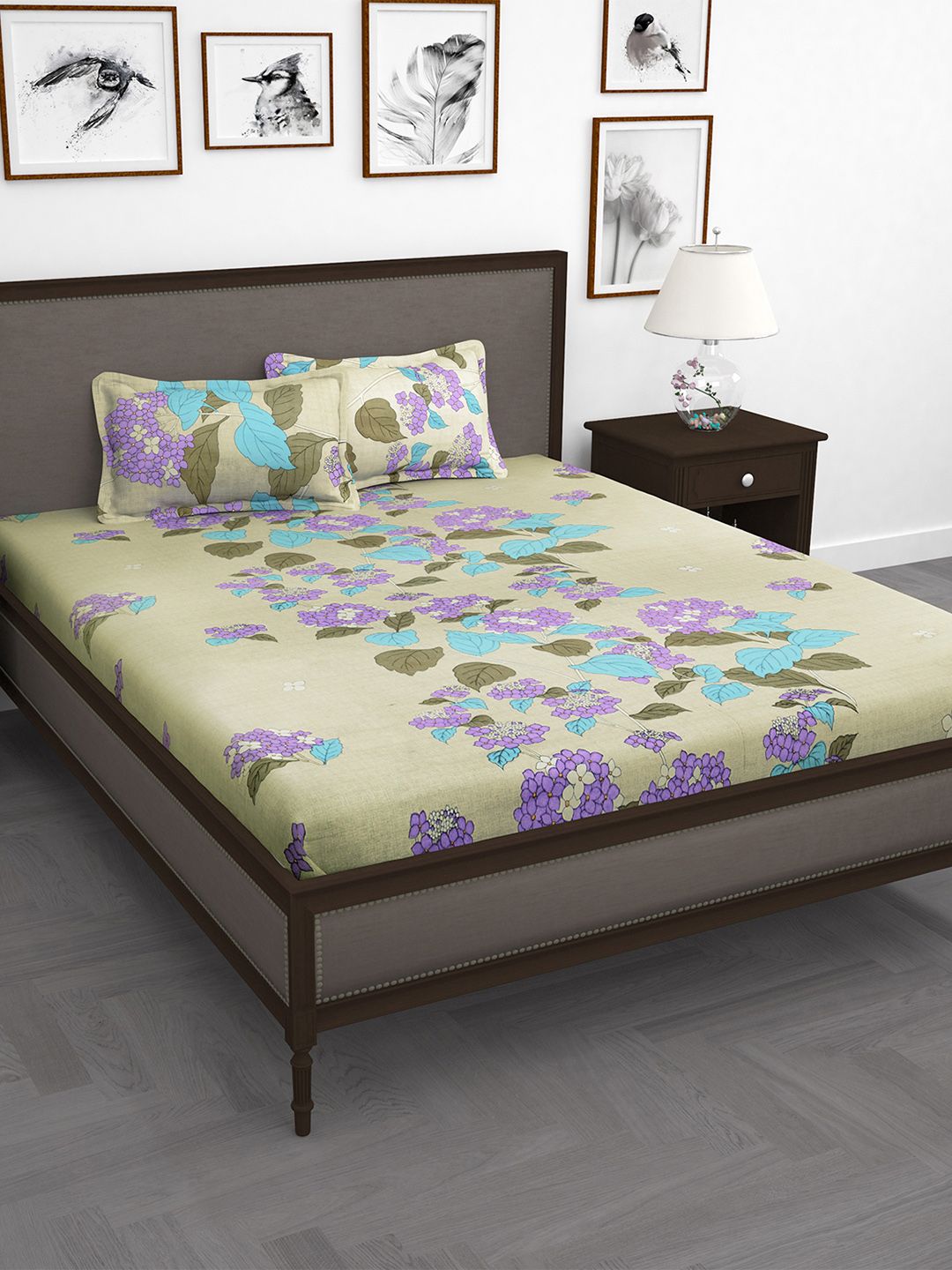 Story@home Olive Green Purple Floral 210 TC King Bedsheet with 2 Pillow Covers