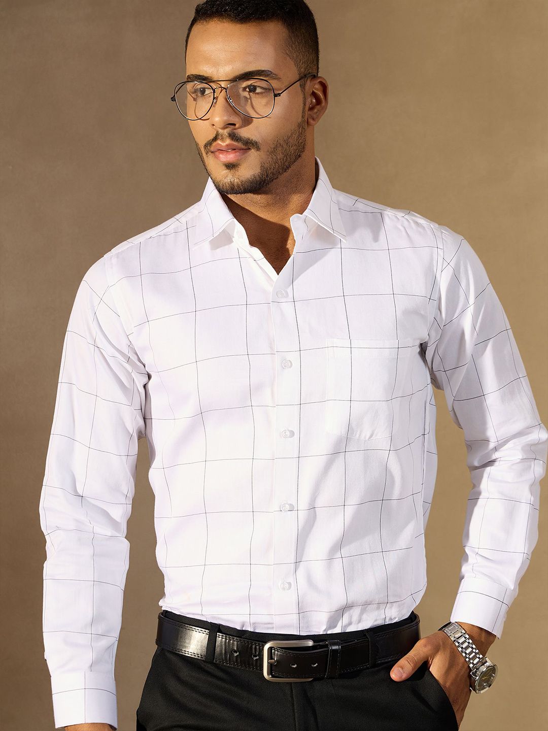 DENNISON Men Windowpane Checked Spread Collar Smart Formal Shirt