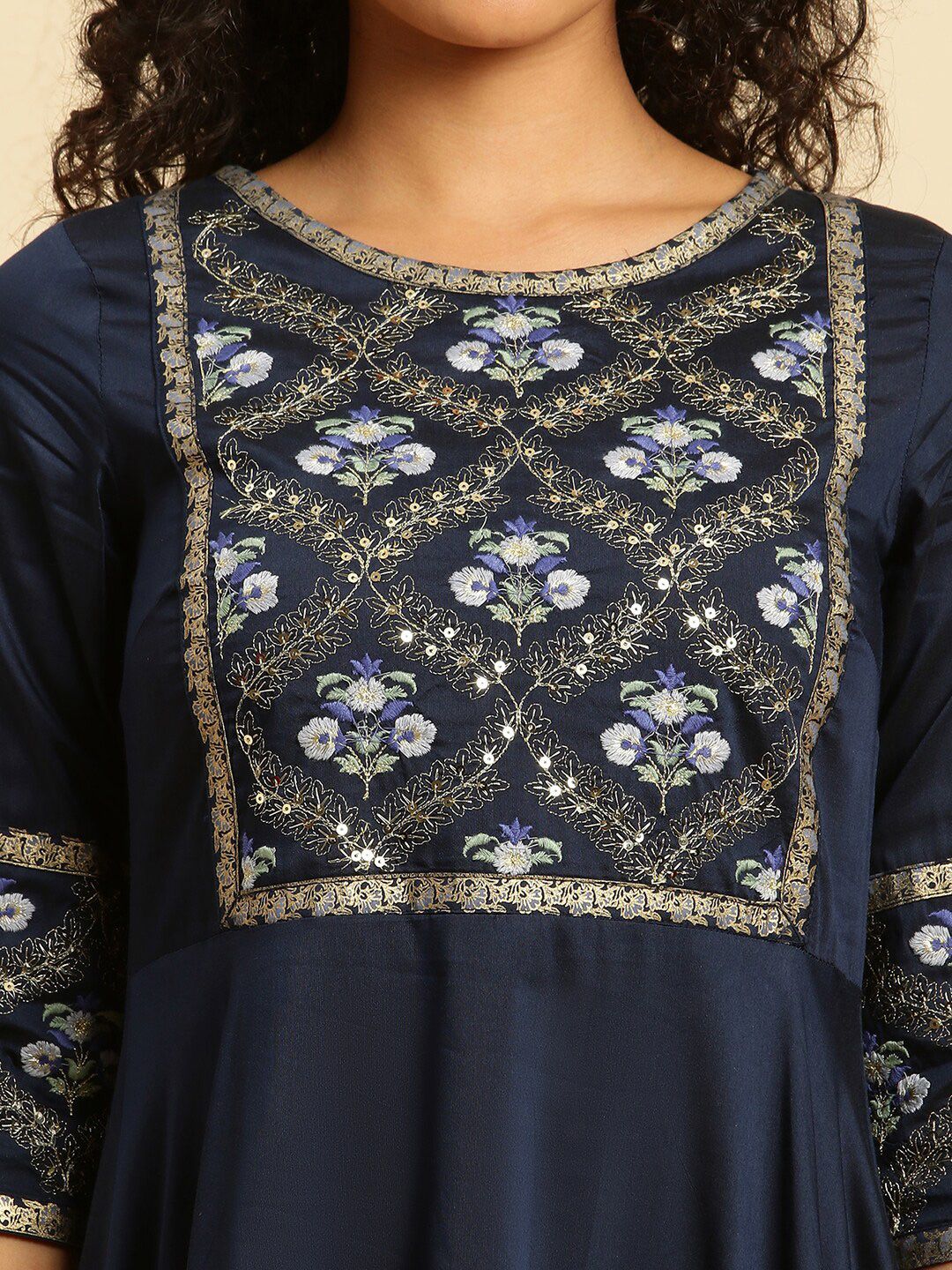 W Blue Floral Embroidered Sequined Maxi Ethnic Dress