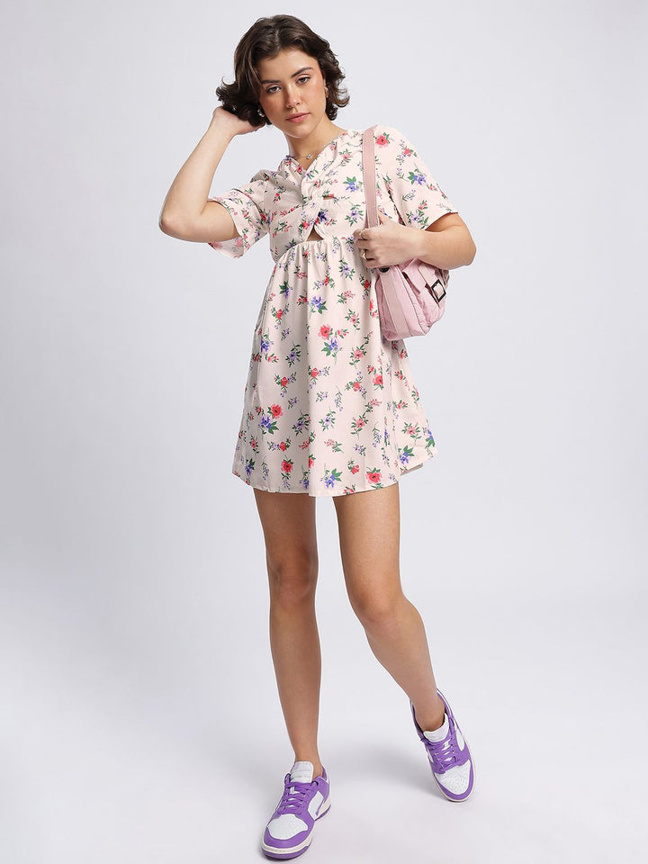 DressBerry Floral Print Twisted Cut-Out Detail Mini Sheath Dress