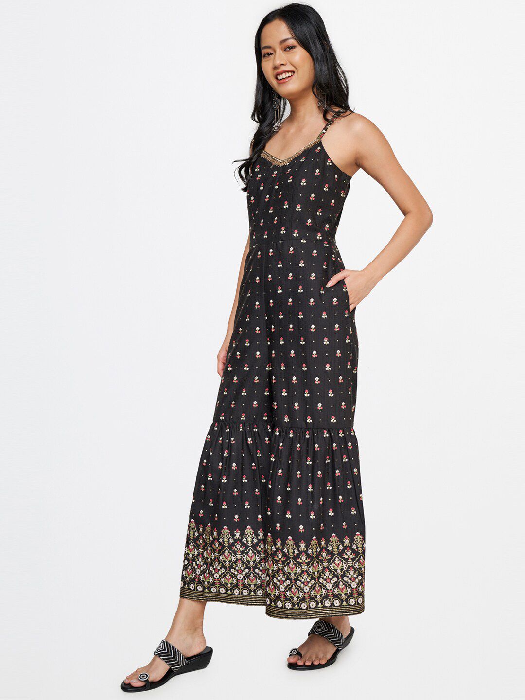 Global Desi Women Black & Gold-Toned Printed Basic Jumpsuit