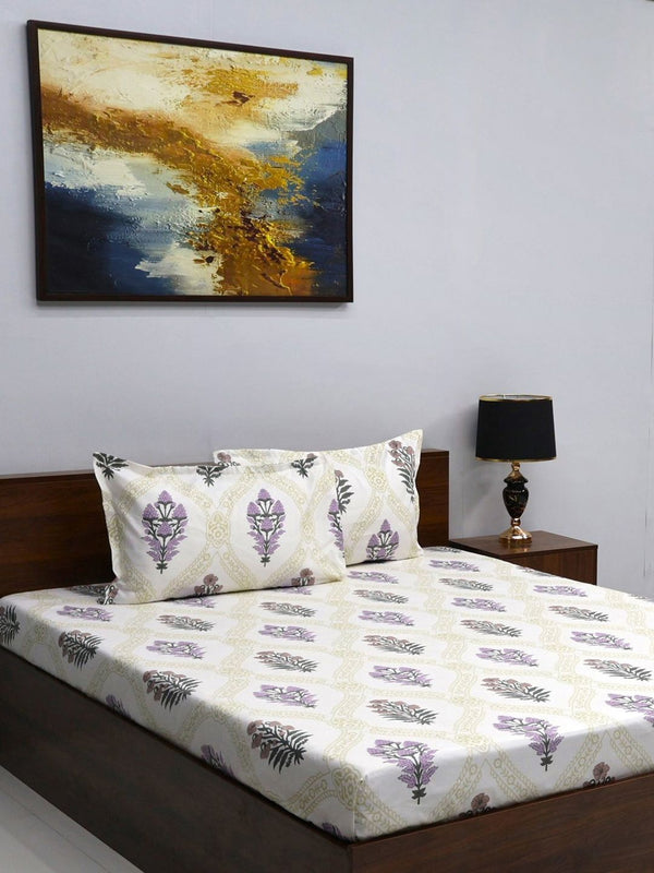 BOMBAY DYEING White & Purple Floral 160 TC Queen Bedsheet with 2 Pillow Covers