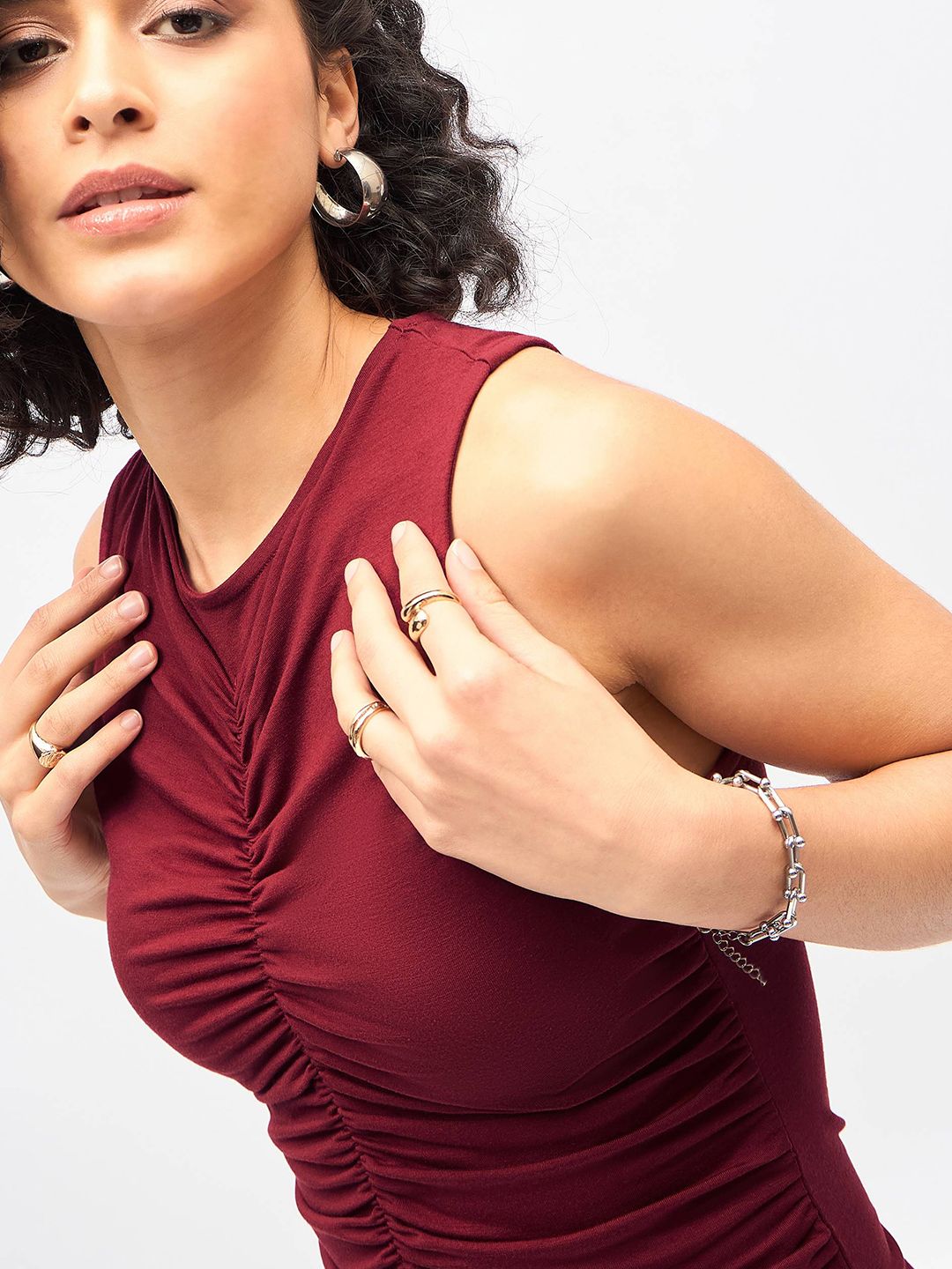 SASSAFRAS Maroon Sleeveless Ruched Fitted Top