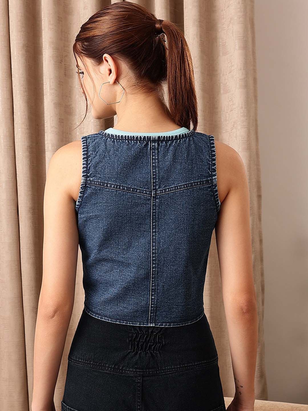 STREET 9 Sleeveless Crop Cotton Denim Jacket