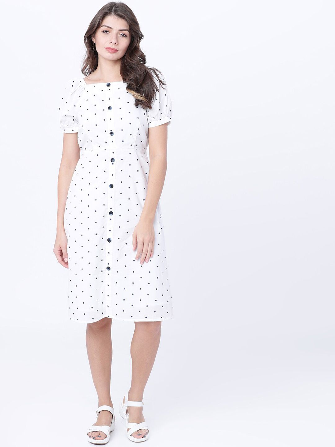 Pakaian A-Line Bercetak Polka Dot Putih Tokyo Talkies Wanita