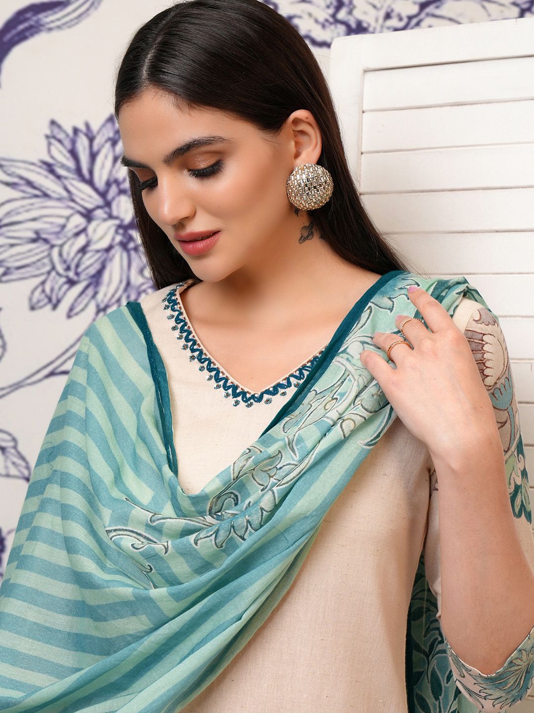 Vishudh Floral Printed Regular Sequinned Pure Cotton Kurta with Trouser & Dupatta