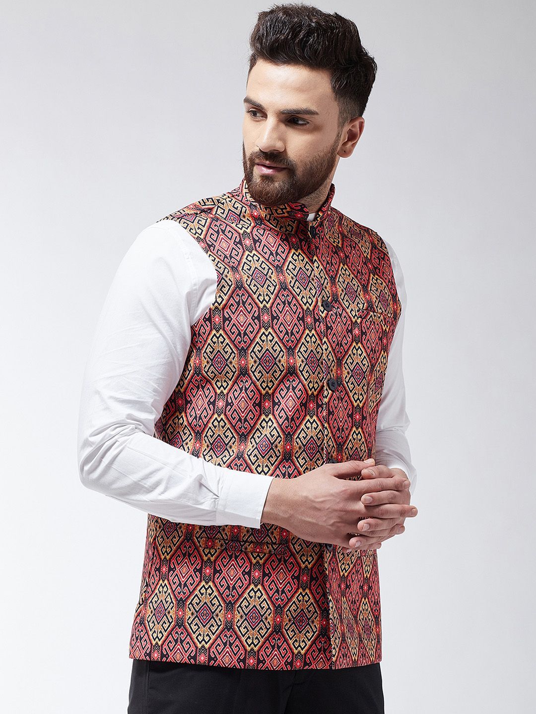 SOJANYA Men Pink & Beige Printed Nehru Jacket