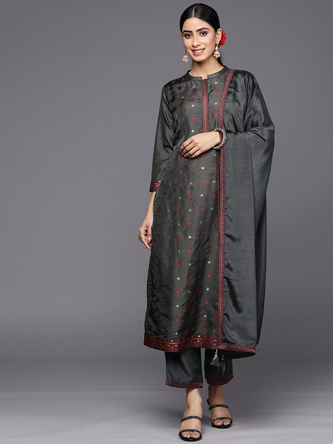 Libas Women Charcoal Floral Kurta with Trousers & With Dupatta