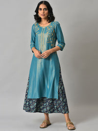 Aurelia Women Blue Zari Embroidered Kurta with Printed Culottes