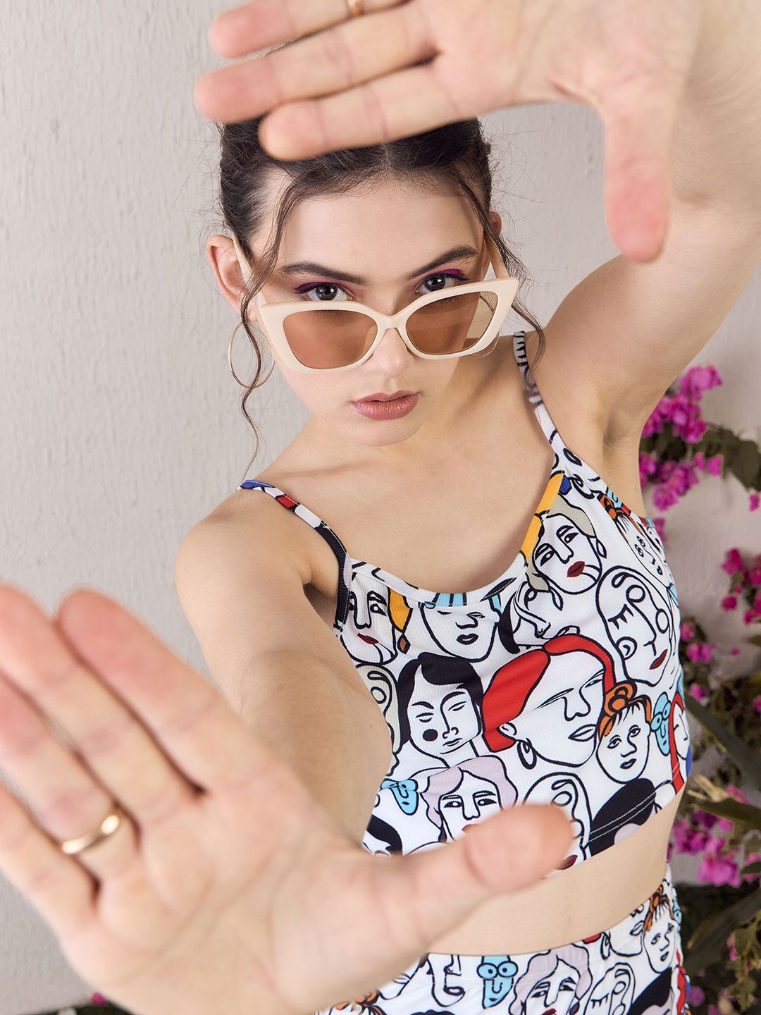 Berrylush White Graphic Printed Shoulder Straps Crop Top With Mini Skirt