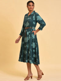W Green Abstract Printed Shirt Collar Belted Shirt Midi Dress
