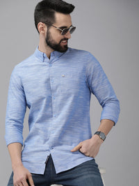 THE BEAR HOUSE Men Blue Self Design Slim Fit Cotton Chambray Shirt