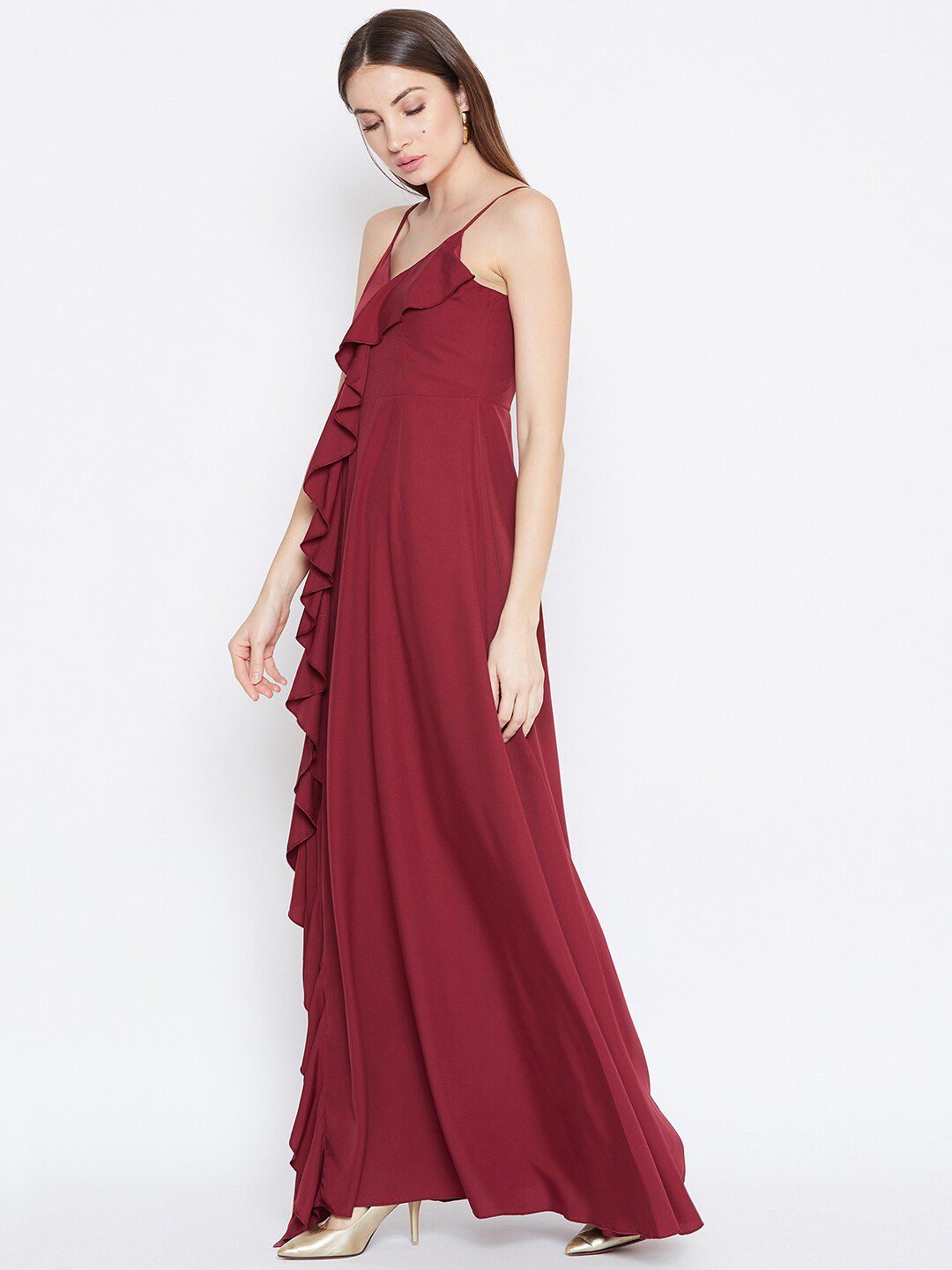 Berrylush Women Maroon Solid Ruffled Maxi Dress