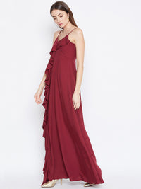 Berrylush Women Maroon Solid Ruffled Maxi Dress