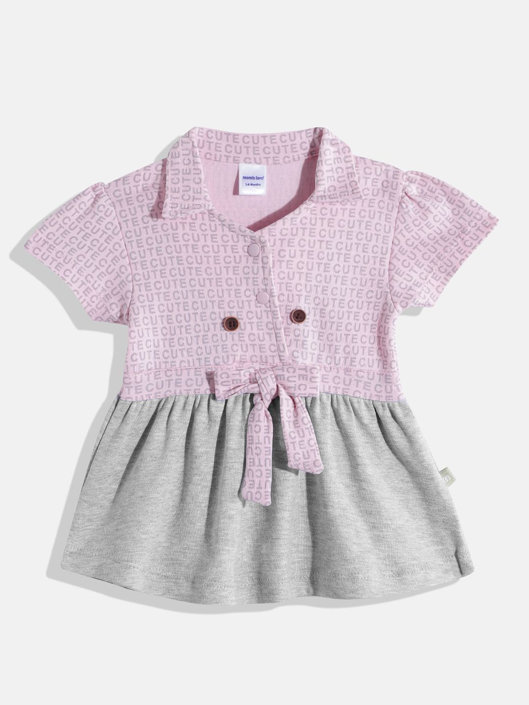 Moms Love Infant Girls Cotton Printed Applique Detailed A-line Dress