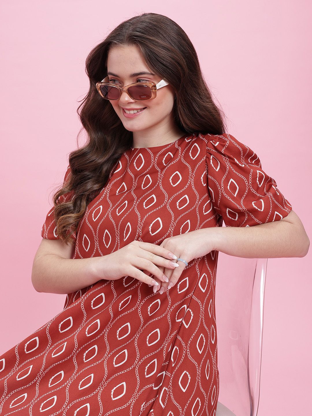 DressBerry Print Puff Sleeve A-Line Dress