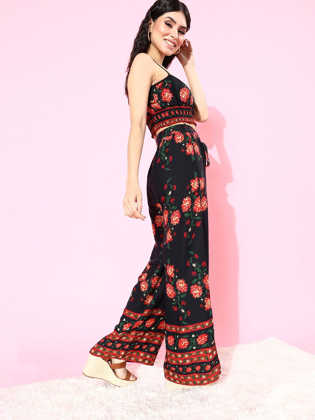 Berrylush Women Deep Navy Blue Printed Top with Trousers