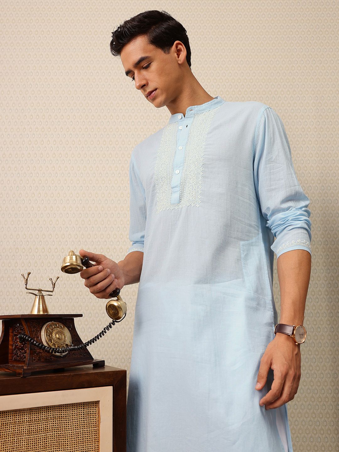 House of Pataudi Striped & Embroidered Jashn Kurta