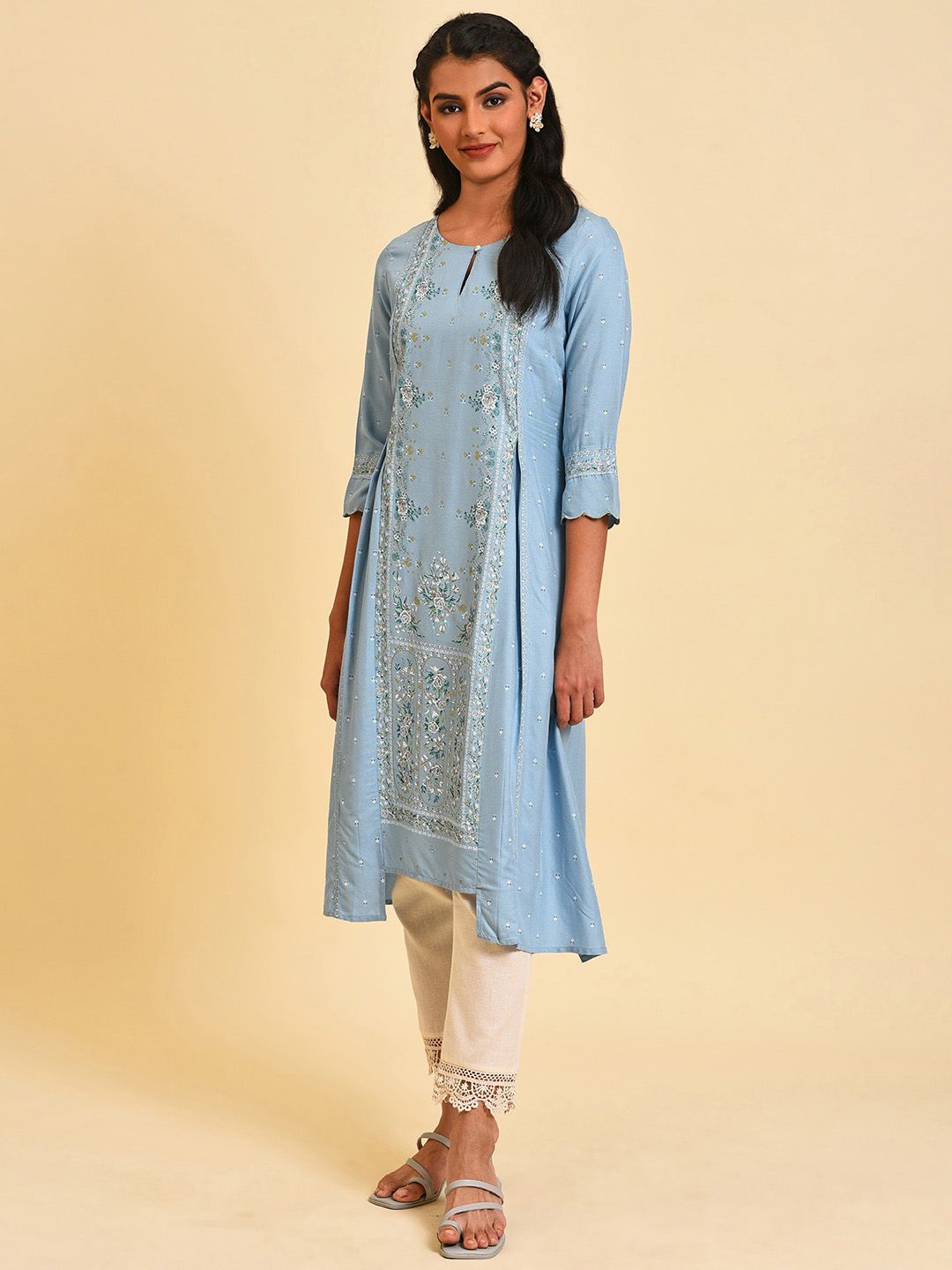 W Floral Printed Keyhole Neck A-Line Kurta
