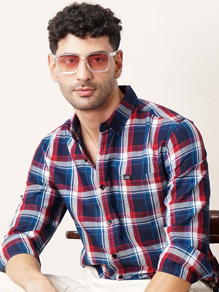 The Indian Garage Co Men Navy Blue & Red Slim Fit Checked Casual Shirt