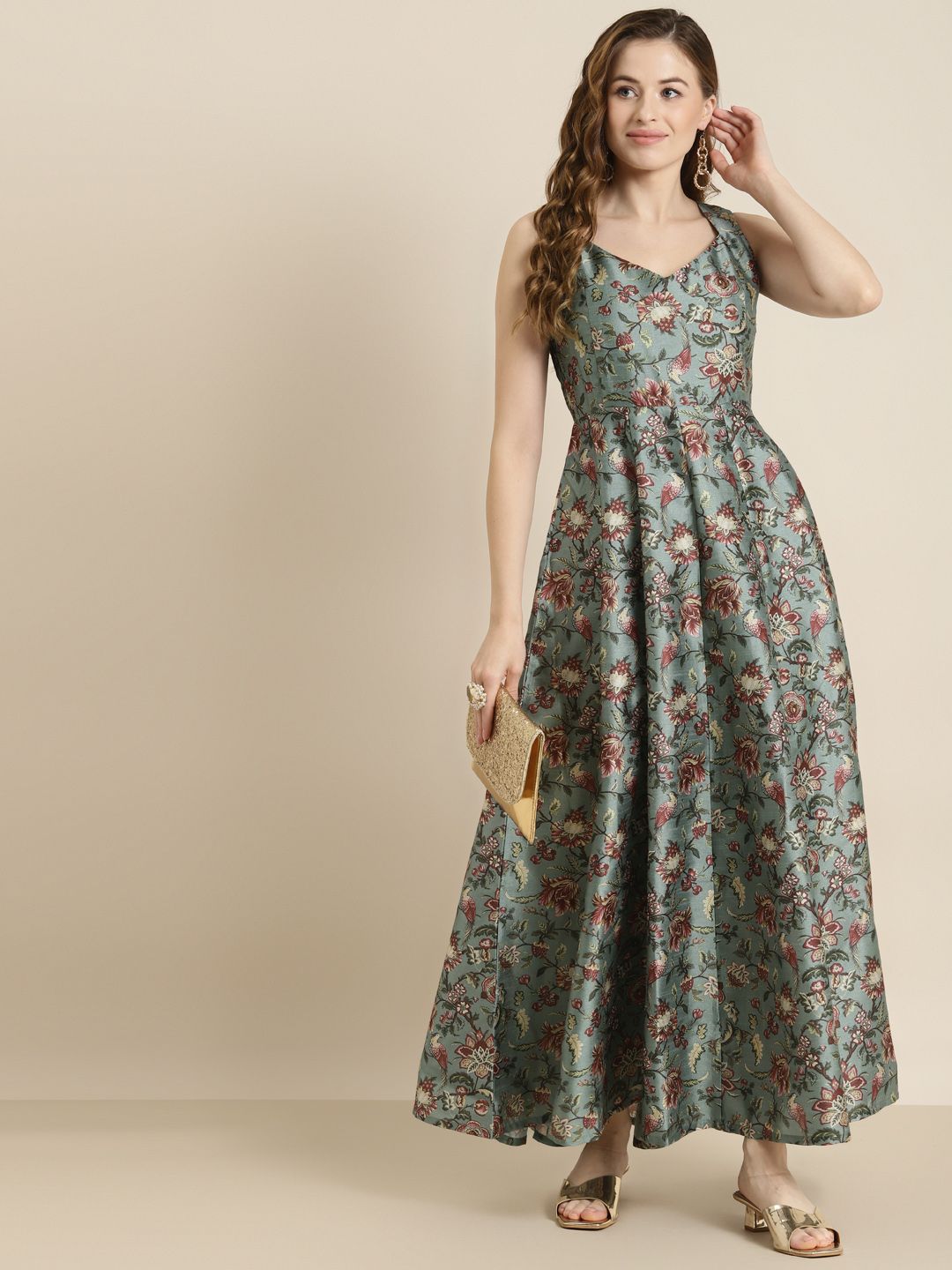 Shae by SASSAFRAS Olive Green & Maroon Floral Maxi Dress