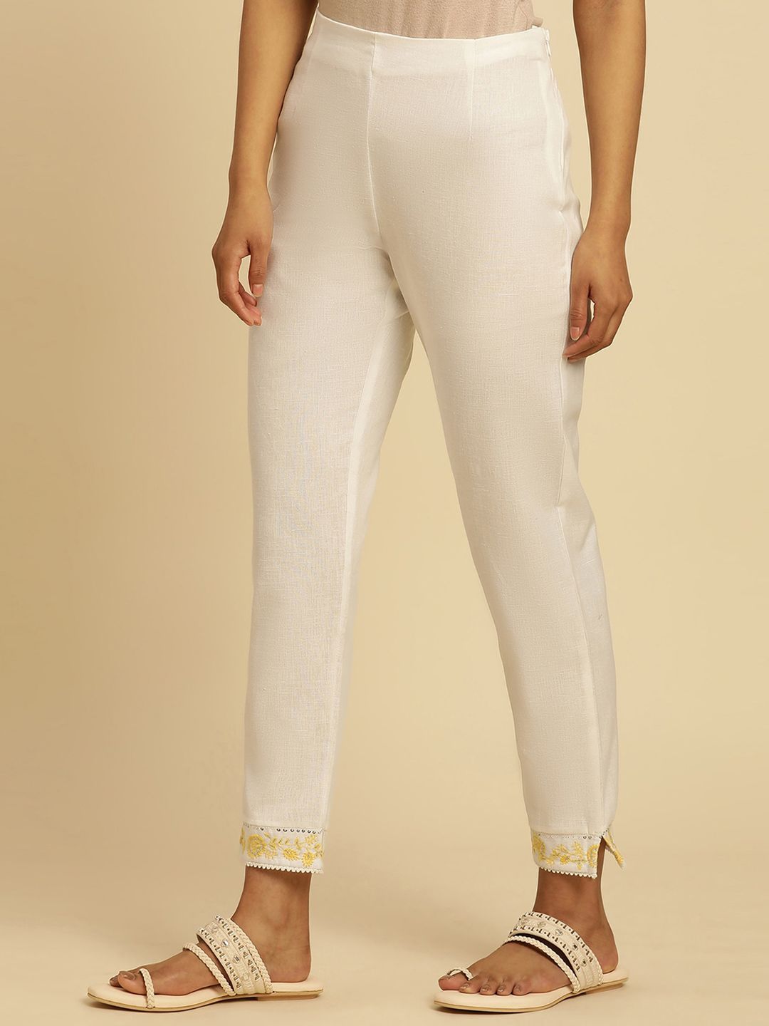 W Women White Straight Fit Cropped Ethnic Trouser