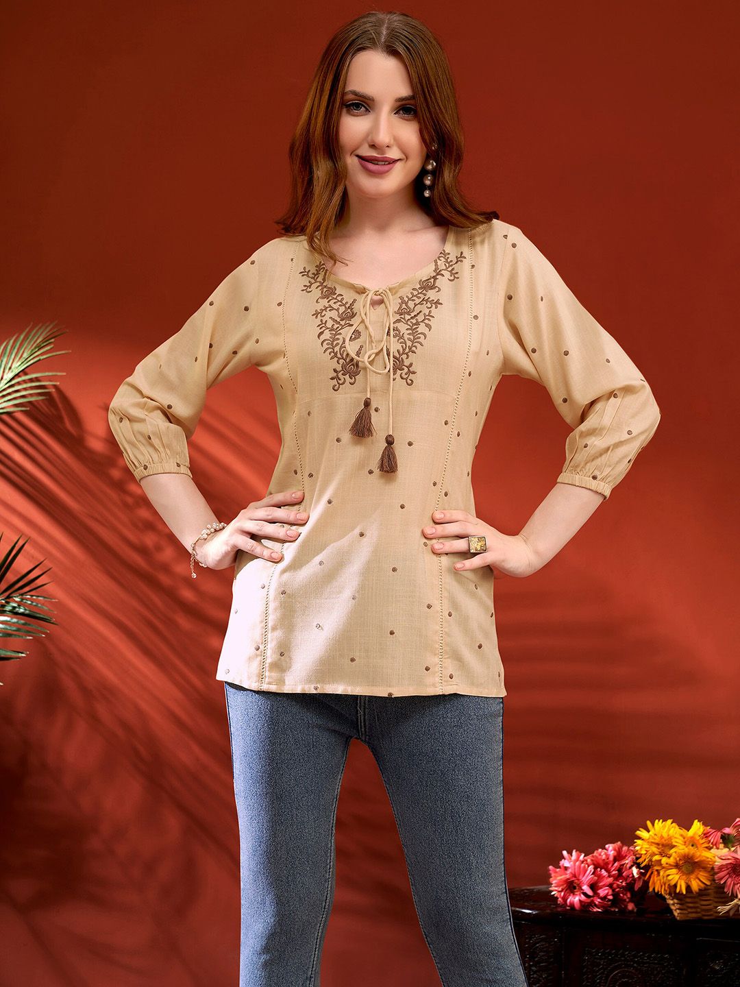 Anouk Tie Up Neck Floral Embroidered Liva Straight Kurta