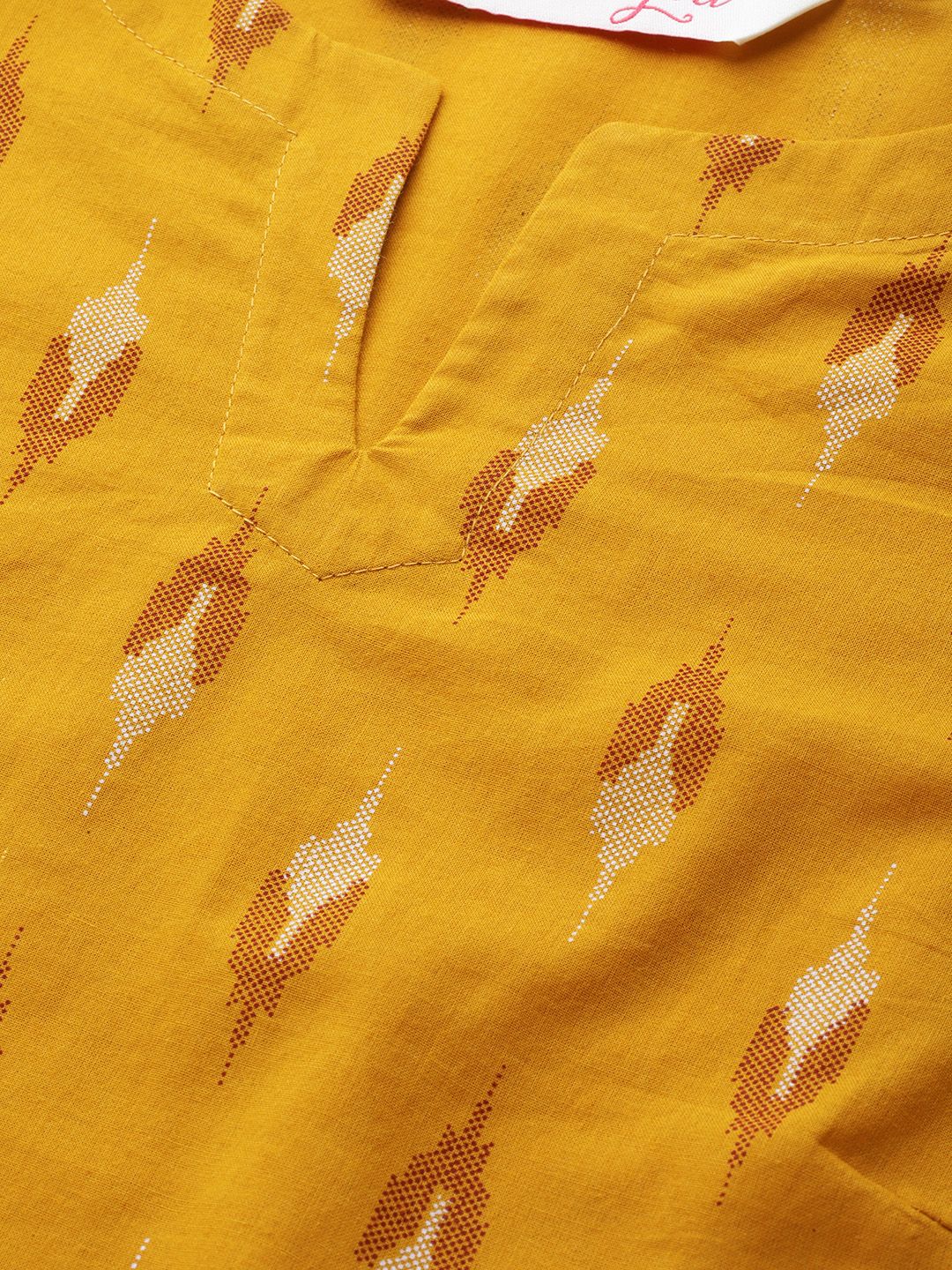 all about you Women Mustard Yellow Pure Cotton Ikat Print Kurta with Trousers & Dupatta