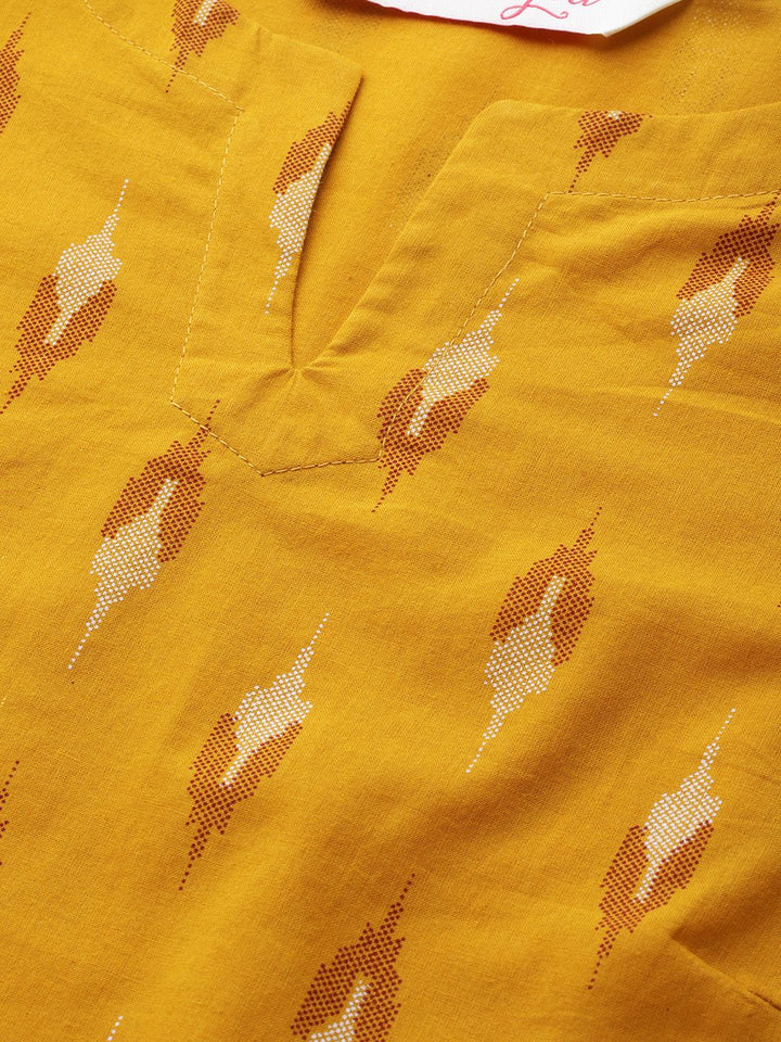 all about you Women Mustard Yellow Pure Cotton Ikat Print Kurta with Trousers & Dupatta