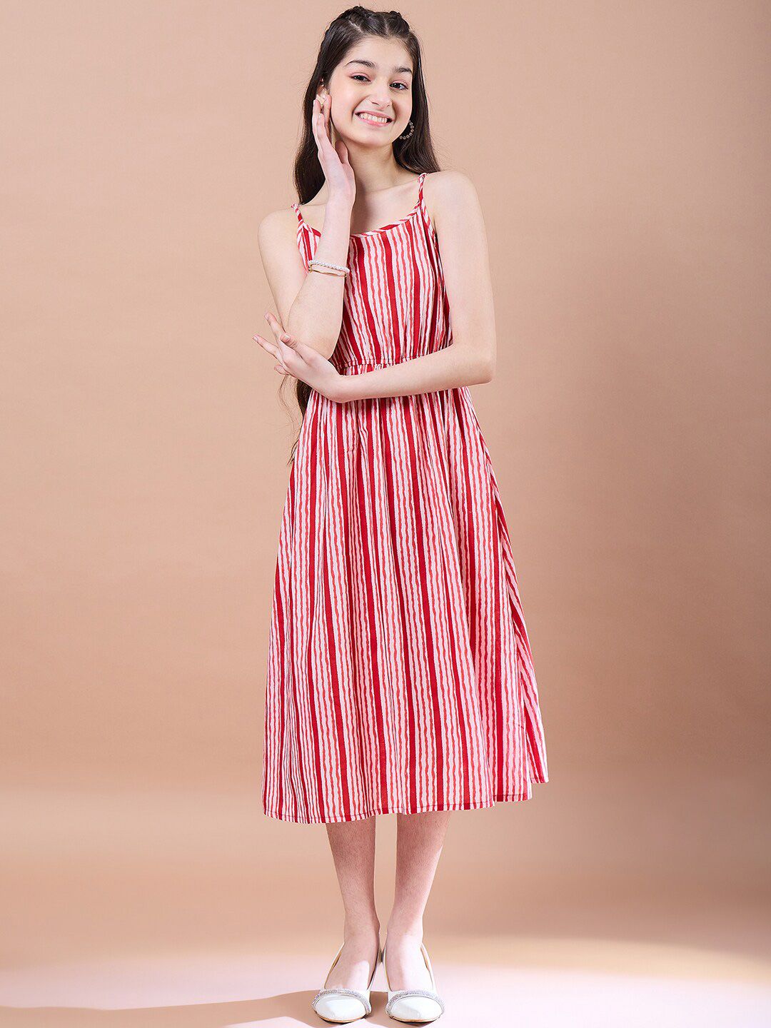 pspeaches Girls Ethnic Motifs Print Cotton  Round Neck A-Line Midi Dress With Shrug