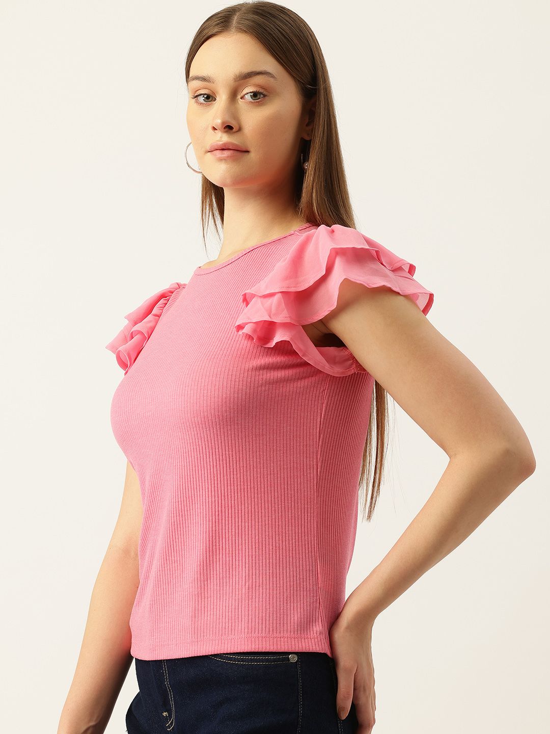 AND Flutter Sleeves Ribbed Fitted Top