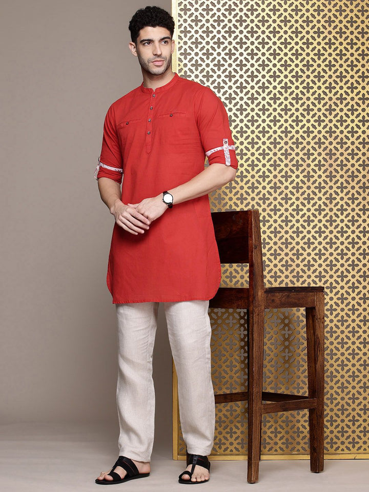 House of Pataudi Mandarin Collar Roll-Up Sleeves Pure Cotton Pathani Rozana Kurta