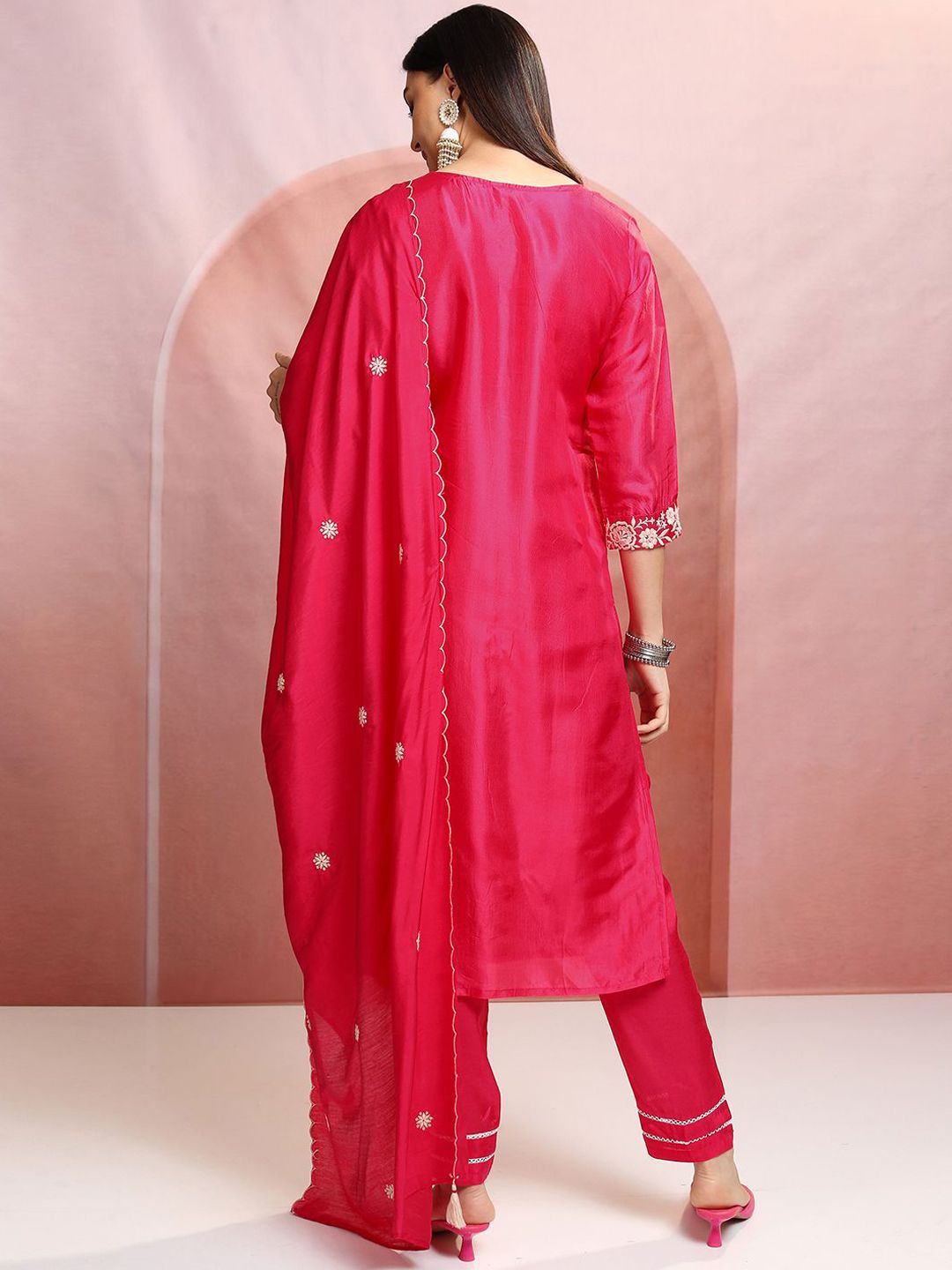 Vishudh Pink Floral Embroidered Thread Work Straight Kurta With Trousers & Dupatta