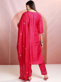 Vishudh Pink Floral Embroidered Thread Work Straight Kurta With Trousers & Dupatta