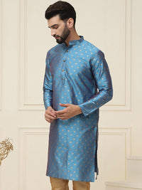 SOJANYA Kurta Campuran Sutera Lurus Bercetak Biru Lelaki