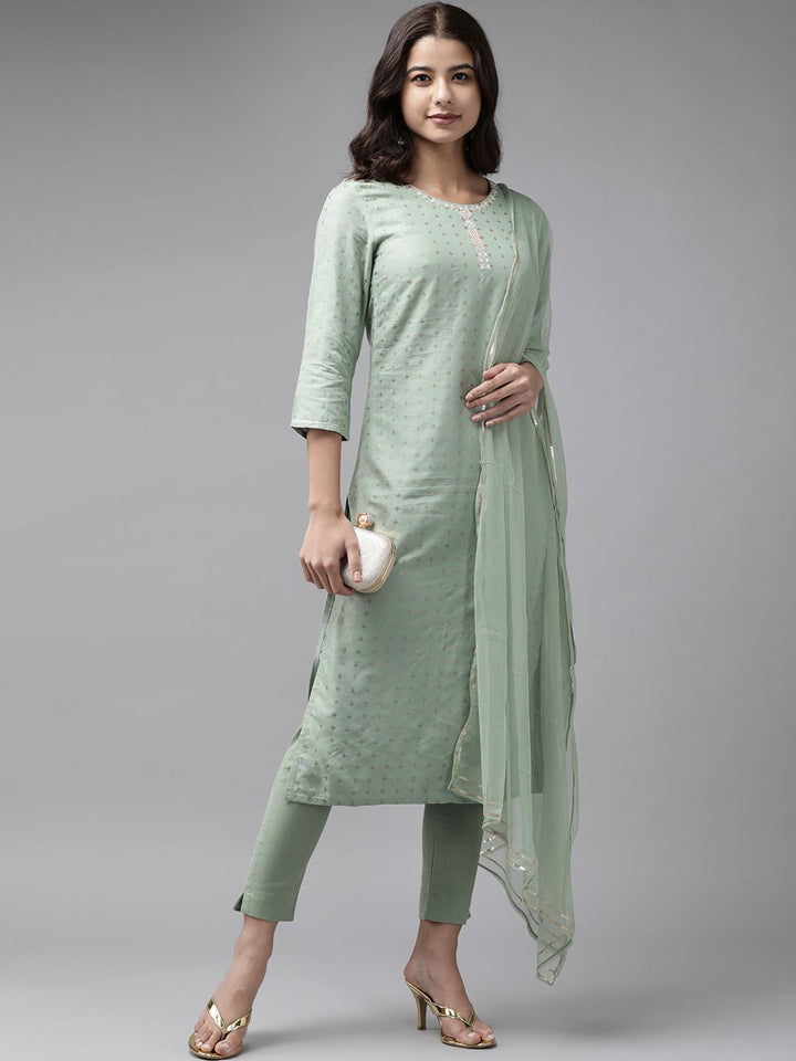W Women Green & Golden Regular Sequinned Kurta with Trousers & With Dupatta