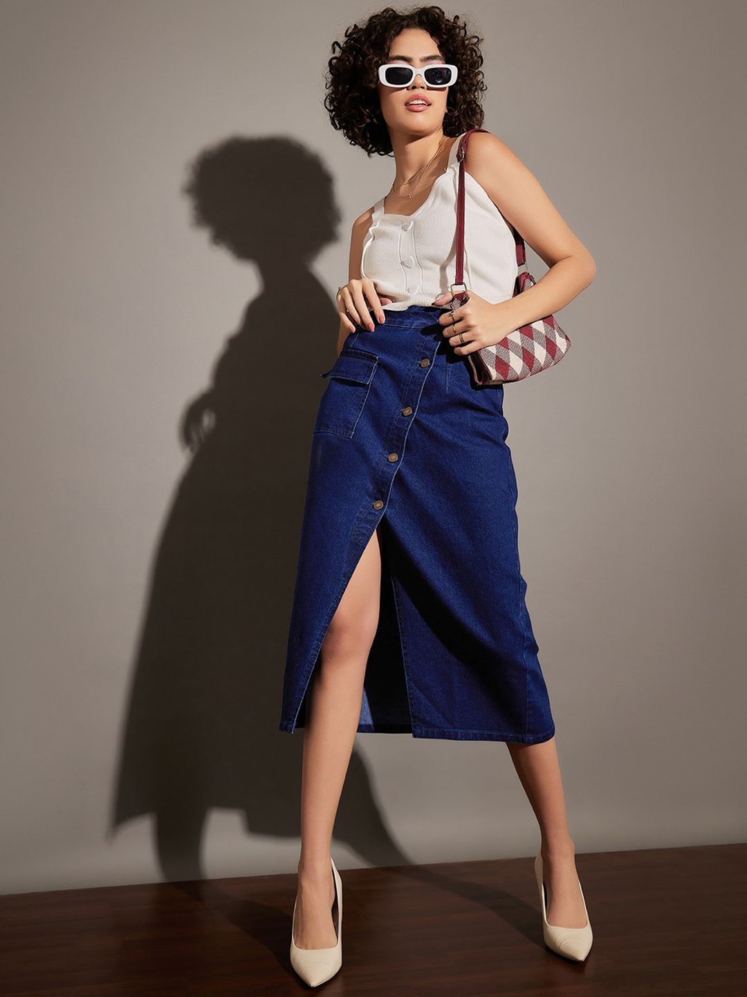 SASSAFRAS Front Button A-Line Denim Skirt