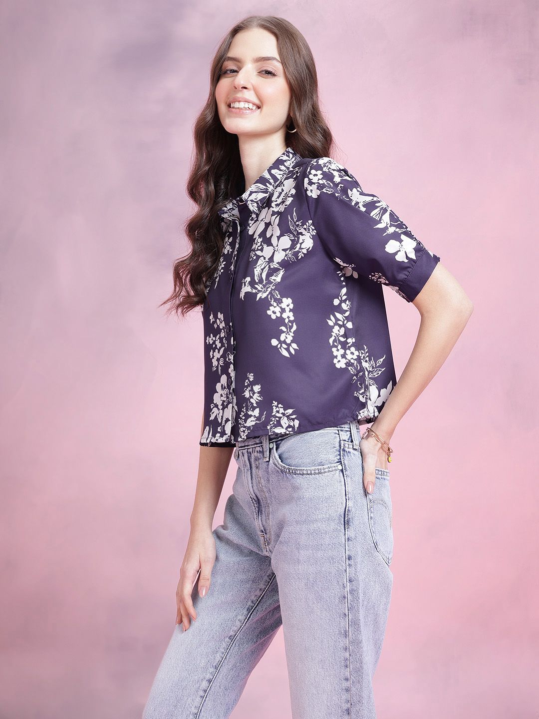 DressBerry Floral Print Puff Sleeves Shirt Style Top