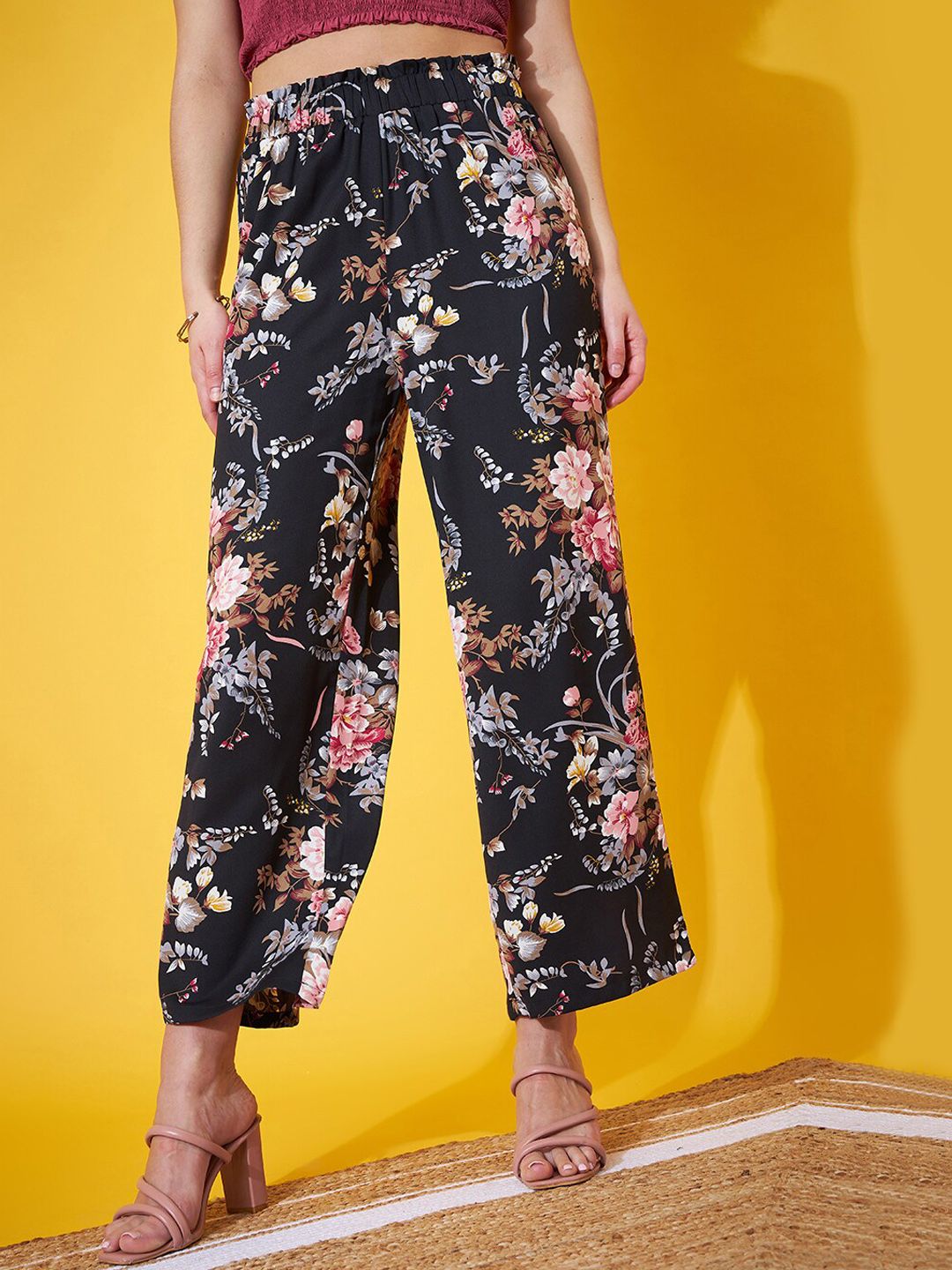 Berrylush Women Floral Printed Relaxed Straight Leg Regular Fit High-Rise Plain Trousers