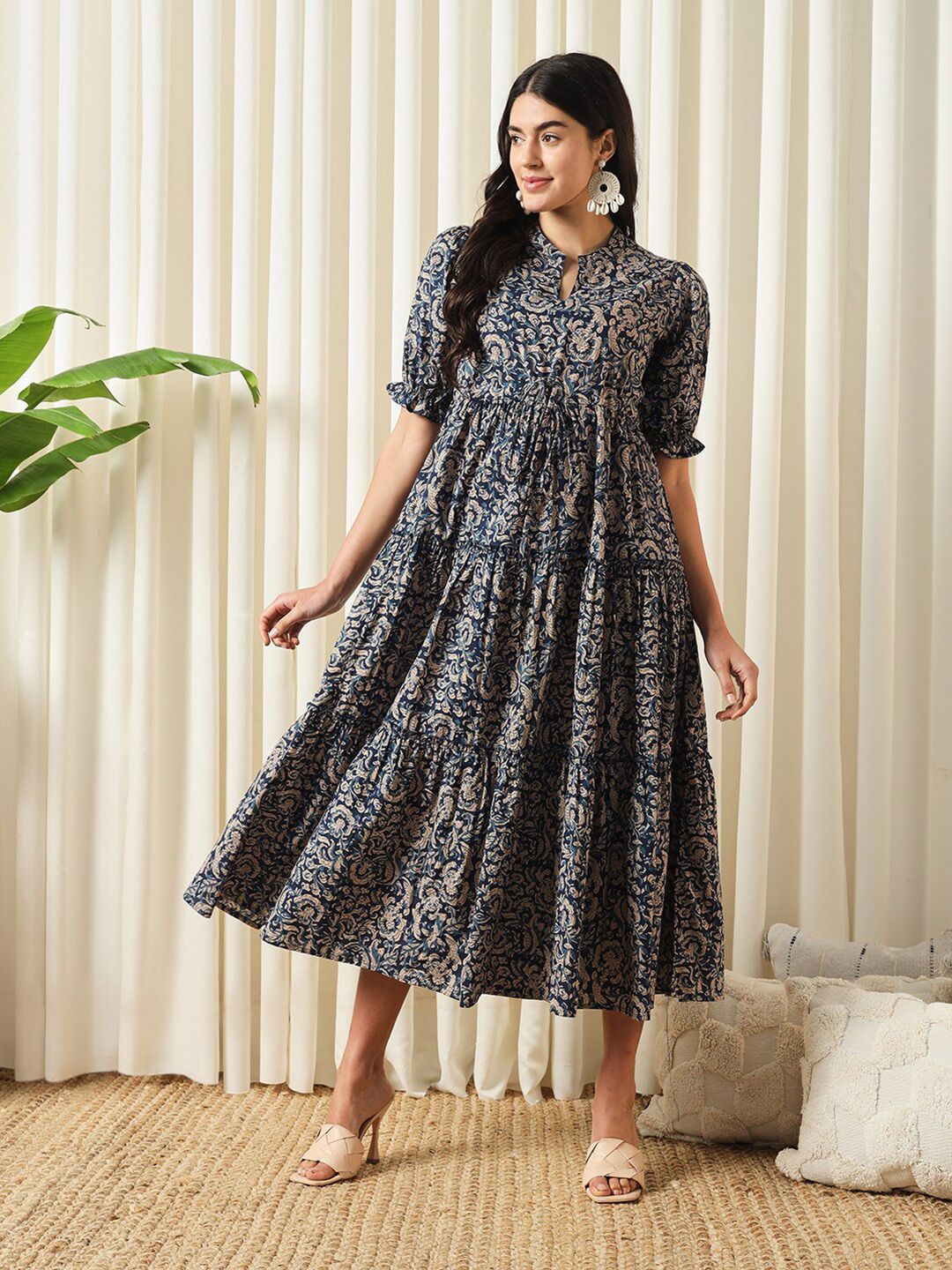 KALINI Floral Printed Mandarin Collar Puff Sleeves Cotton Fit and Flare Dress