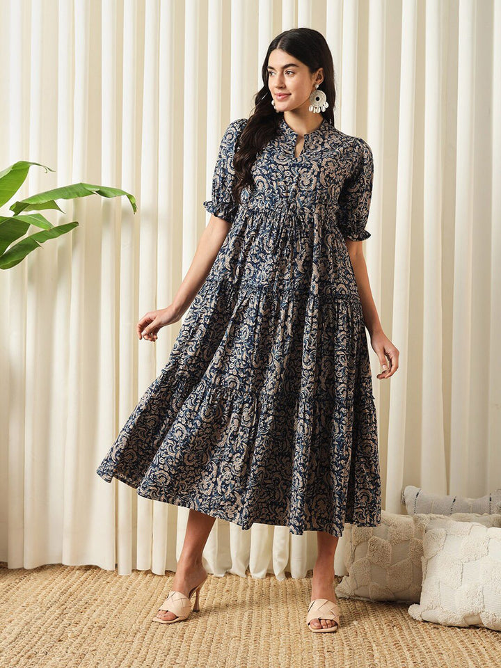 KALINI Floral Printed Mandarin Collar Puff Sleeves Cotton Fit and Flare Dress