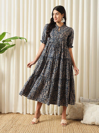 KALINI Floral Printed Mandarin Collar Puff Sleeves Cotton Fit and Flare Dress