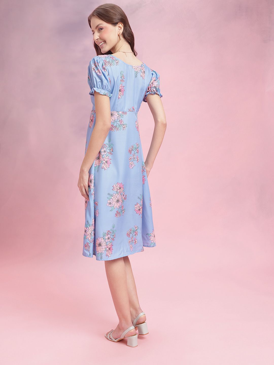 DressBerry Floral Print Puff Sleeves Midi Fit & Flare Dress