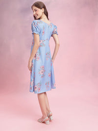 DressBerry Floral Print Puff Sleeves Midi Fit & Flare Dress
