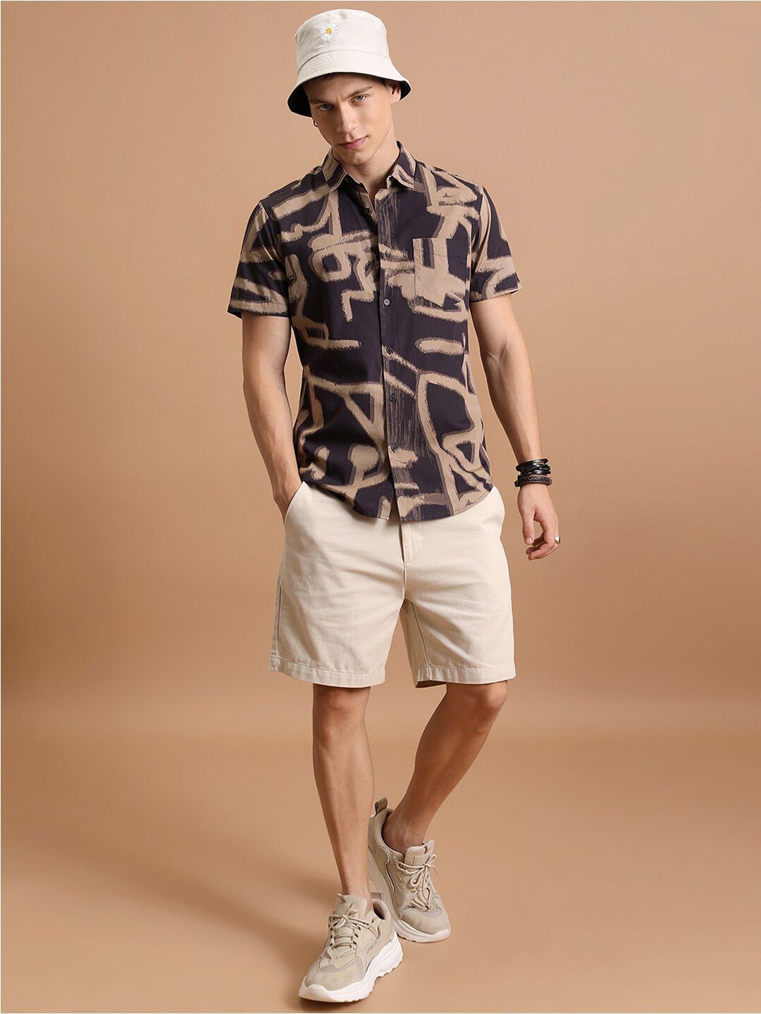 HIGHLANDER Purple and Khaki Abstract Printed Slim Fit Cotton Casual Shirt