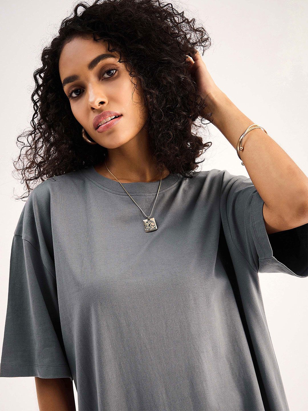 SASSAFRAS BASICS Grey Drop Shoulder Sleeves Pure Cotton Oversized T-shirt Midi Dress
