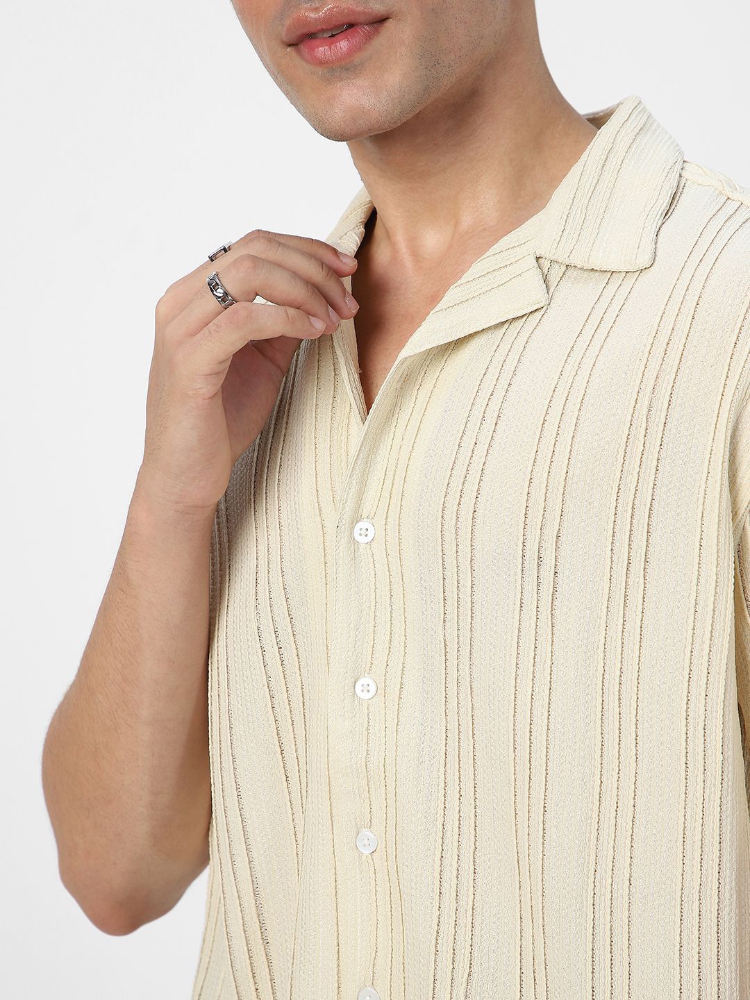 Urbano Fashion Oversized Fit Self Design Cuban Collar Cotton Casual Shirt
